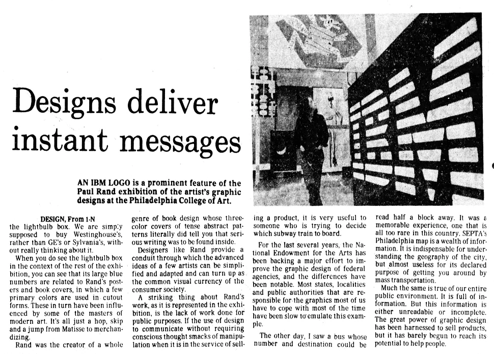 Art / Play / Design - An Exhibition of Corporate Design, Trademarks, Book Design, Posters, Drawings, and Teaching by Paul Rand   |   Newspaper Article