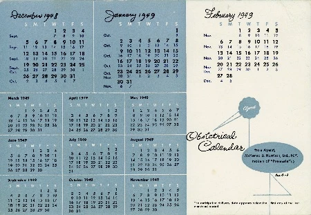 Ayerst, McKenna, Harrison Pharmaceutical   |   Obstetrical Calendars, 1949