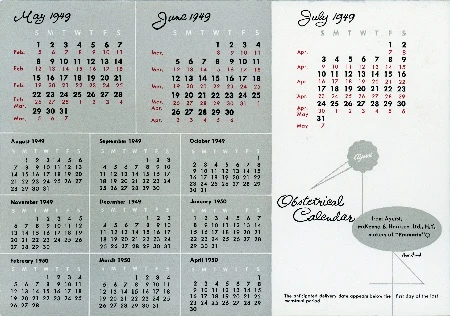 Ayerst, McKenna, Harrison Pharmaceutical   |   Obstetrical Calendars, 1949